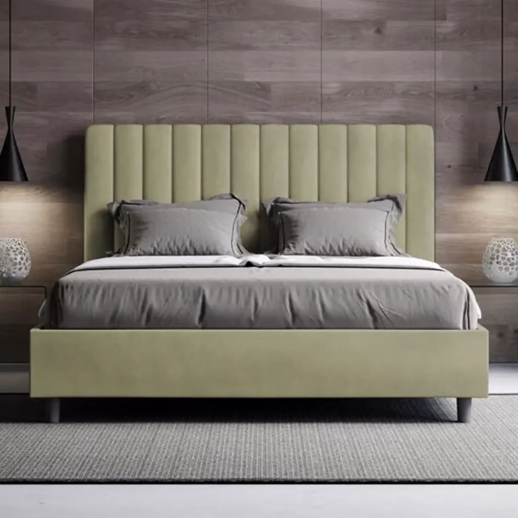 Letto matrimoniale francese con contenitore Agueda Ityhome imbottito in microfibra colore tè verde L 140 x P 200 cm – 2