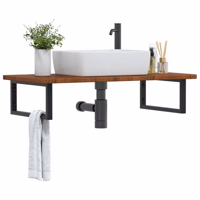 Ripiano a parete per lavabo vidaXL in legno di rovere e metallo nero e marrone L: 100 cm, P: 50 cm, H: 30 cm