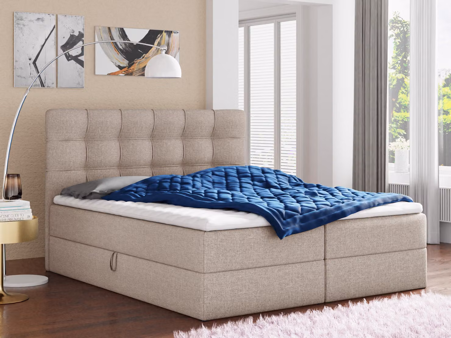 Letto boxspring Best con 2 cassetti, letto matrimoniale con materasso Bonell e topper, letto imbottito, letto (beige (Inari 22), 180 x 200 cm)