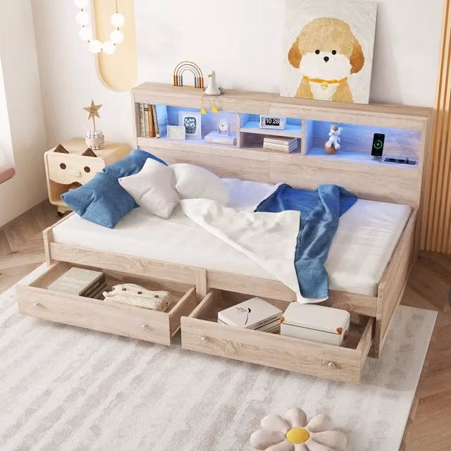 Divano Letto Singolo 90x200 Colore Naturale con Cassetti, Prese USB e Illuminazione LED