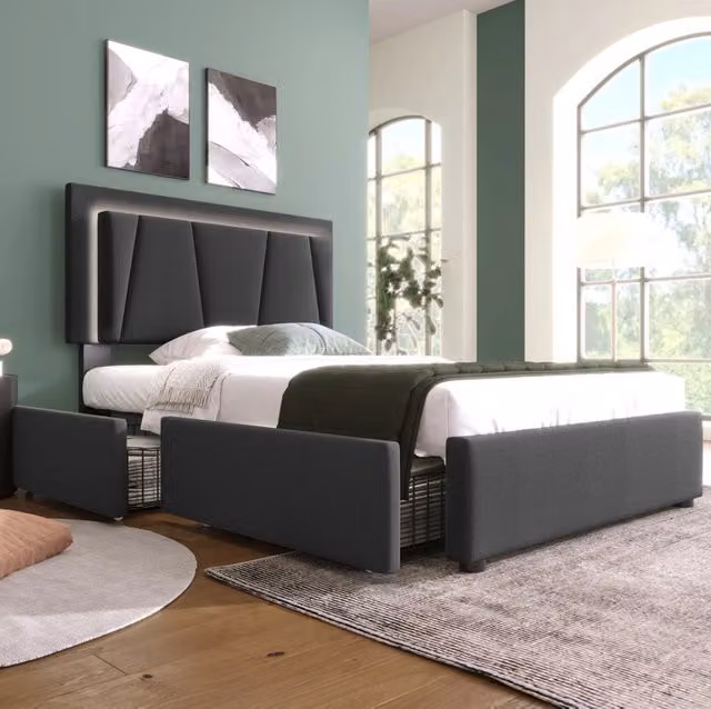 Letto singolo imbottito con LED; testiera regolabile e 2 cassetti; 90x200 cm; grigio