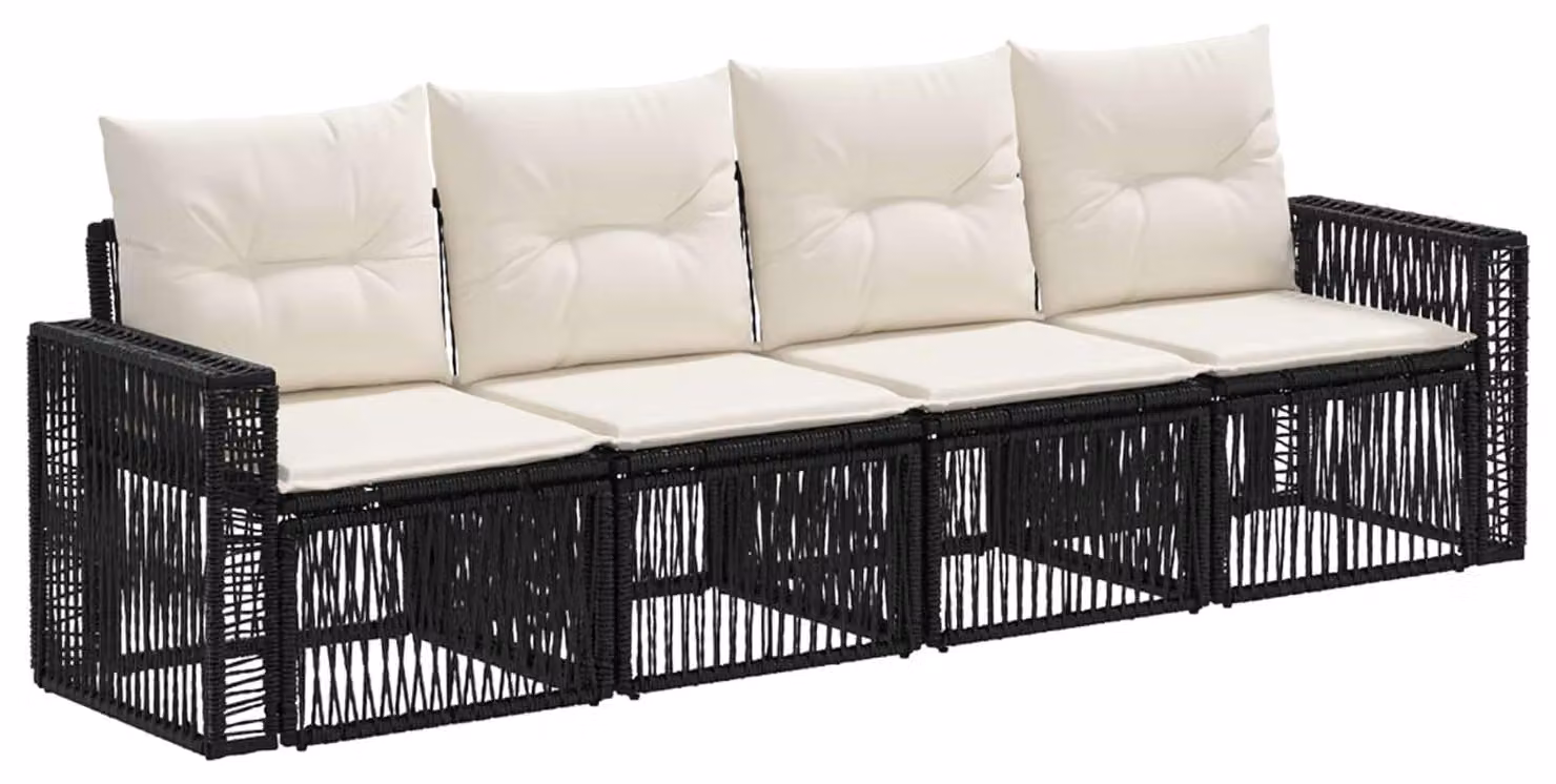 Set di divani da giardino, 4 pezzi, colore nero e crema, in rattan sintetico