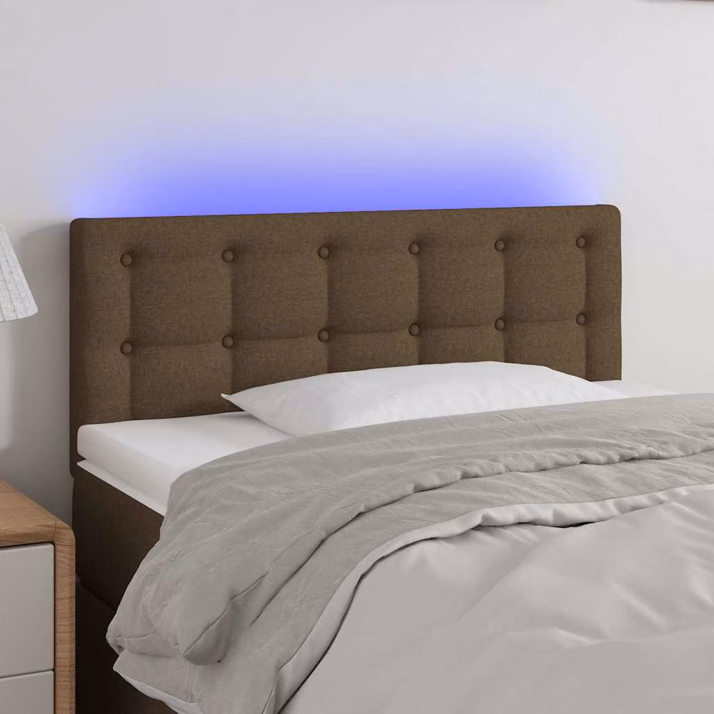 Testiera per letto vidaXL in tessuto marrone scuro con illuminazione LED e porta di ricarica USB, L: 80 cm, P: 5 cm, H: 78-88 cm