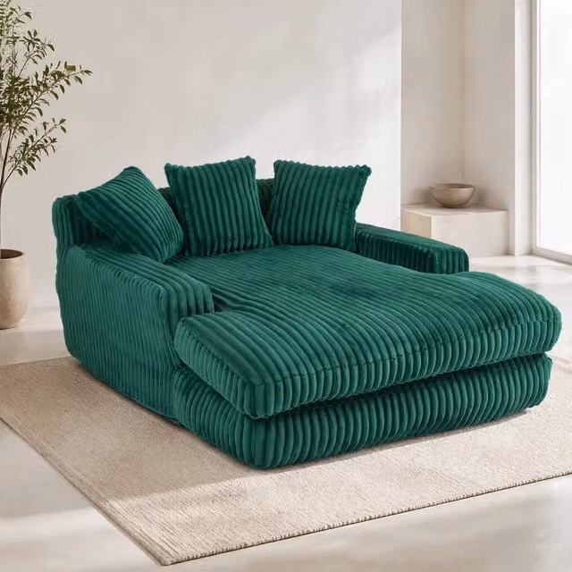 Poltrona relax MIVRAY in velluto a coste verde smeraldo con schienale alto e 3 cuscini L: 155 cm, P: 63 cm, H: 125 cm