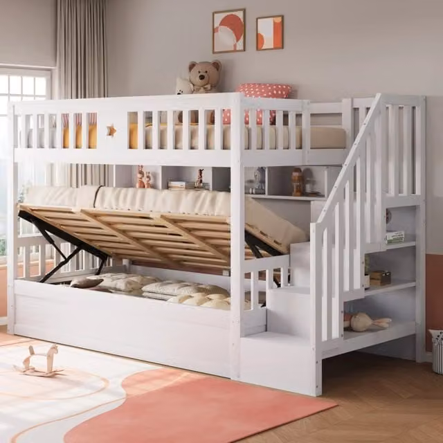 Letto a castello ULEVR 90x200 cm con letto inferiore idraulico, scala contenitore e ripiani, bianco