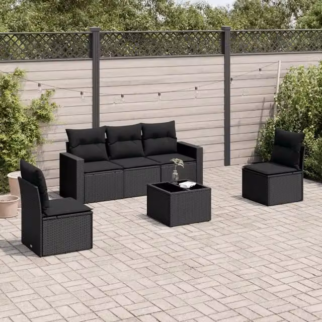 Set Divano da Giardino 6 pz con Cuscini Nero in Polyrattan 3251132