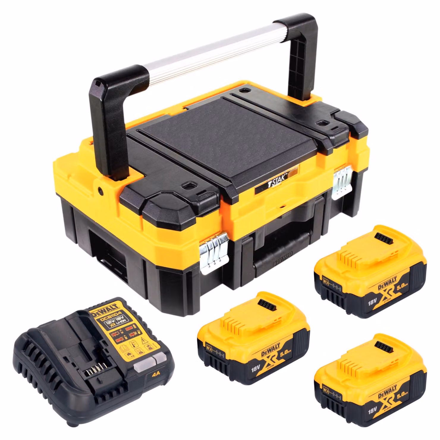 Set iniziale con batteria DeWalt DCB 1104 P3T da 18 V con 3 batterie da 5,0 Ah + caricabatterie DCB 1104 + TSTAK