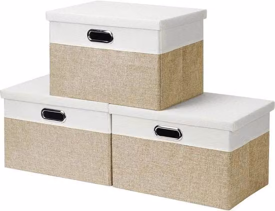 Set di 3 organizzatori in tessuto pieghevoli e sovrapponibili per casa e ufficio, colore beige, L 44 cm x P 31 cm x H 29 cm