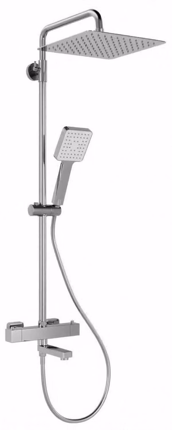 Set completo per sistema doccia con termostato, design quadrato, cromato, in acciaio inossidabile, con scarico per vasca, pulsante di sicurezza a 38°C, altezza regolabile da 89 a 123 cm, 3 tipi di getto, doccia a pioggia XXL