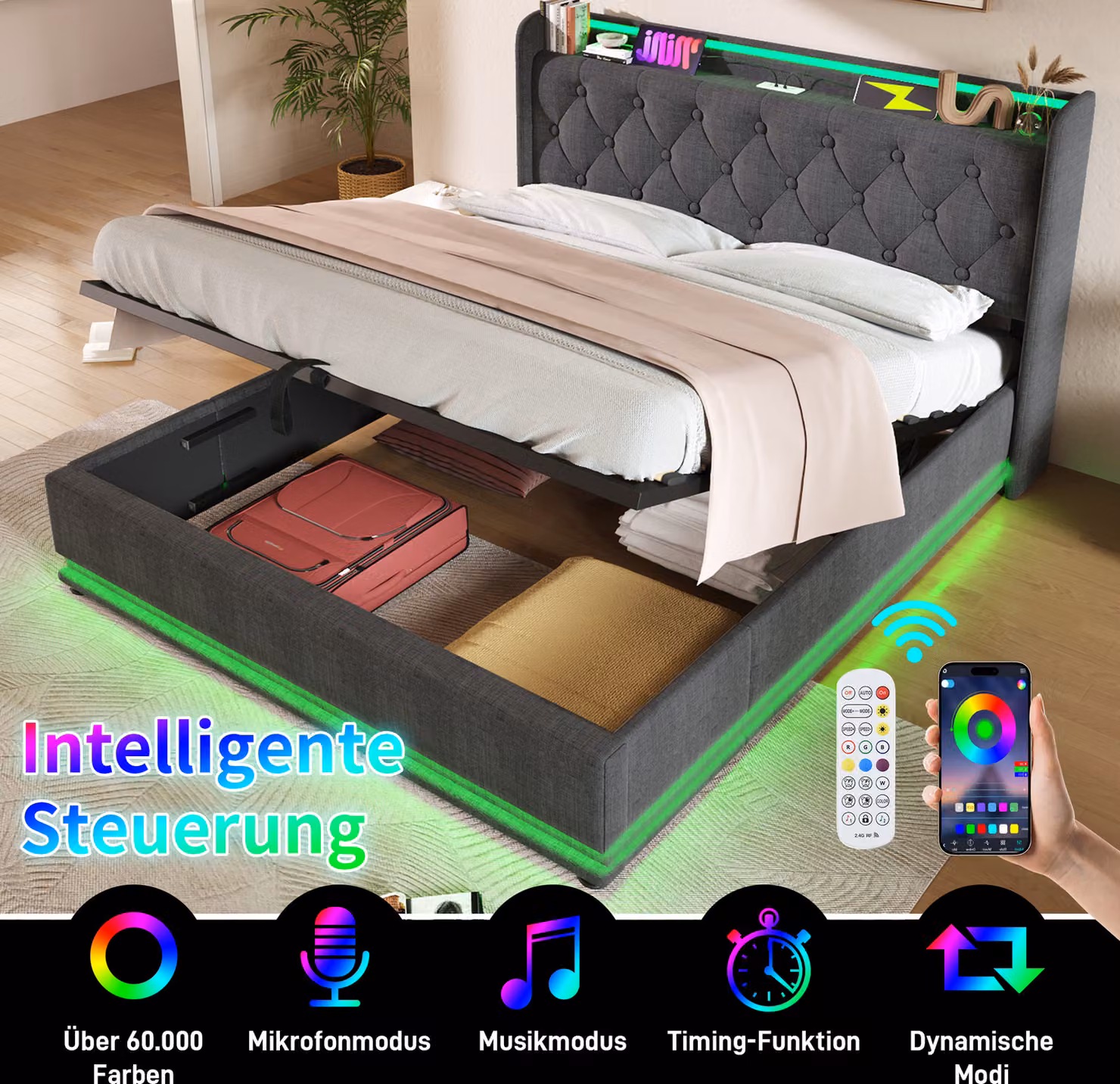 Letto imbottito STILVORA 180×200 cm con contenitore e funzione LED a 360° (pulsante/app/telecomando), letto per ragazzi con testiera imbottita e funzione di ricarica USB Type-C, grigio (con materasso)