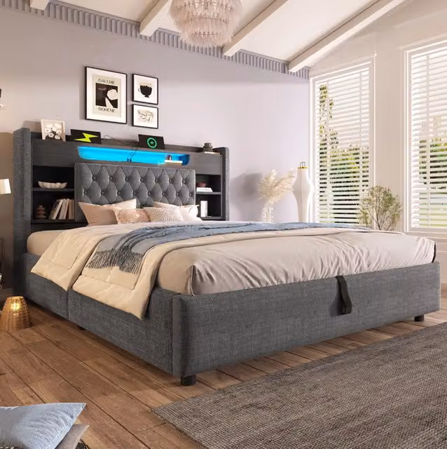 Letto imbottito 140x190 cm con contenitore idraulico, LED e USB, in lino grigio