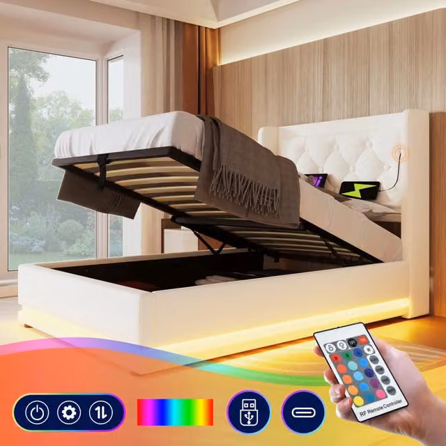 Letto singolo idraulico – 90x200 cm – USBC LED 3 lati – PU bianco