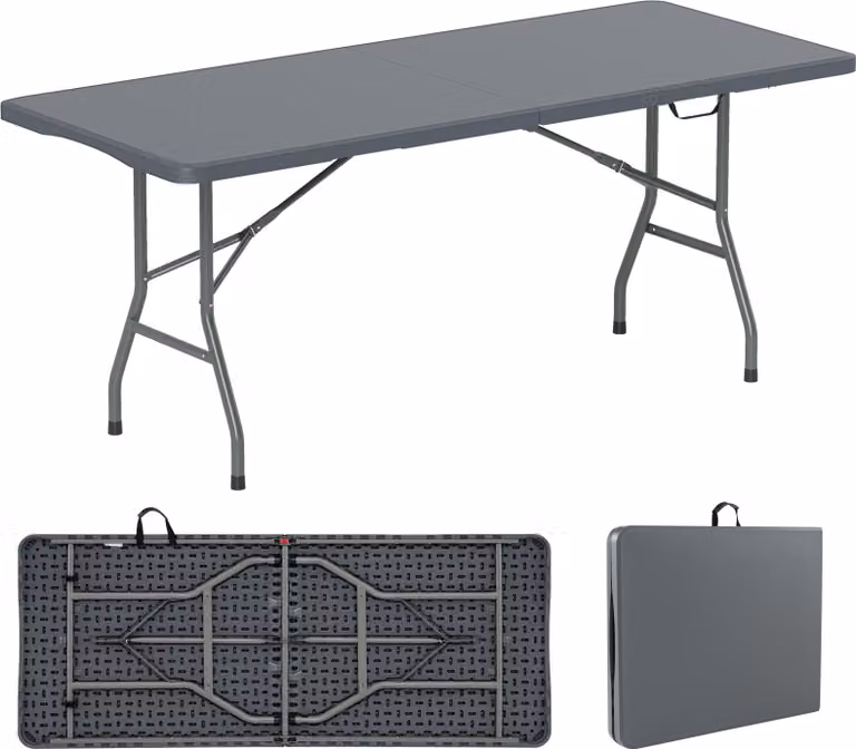 Tavolo da giardino COSTWAY per 6-8 persone 180x74cm, tavolo pieghevole da campeggio, tavolo pieghevole con piano in HDPE e maniglia per il trasporto, tavolo da balcone, tavolo per feste grigio