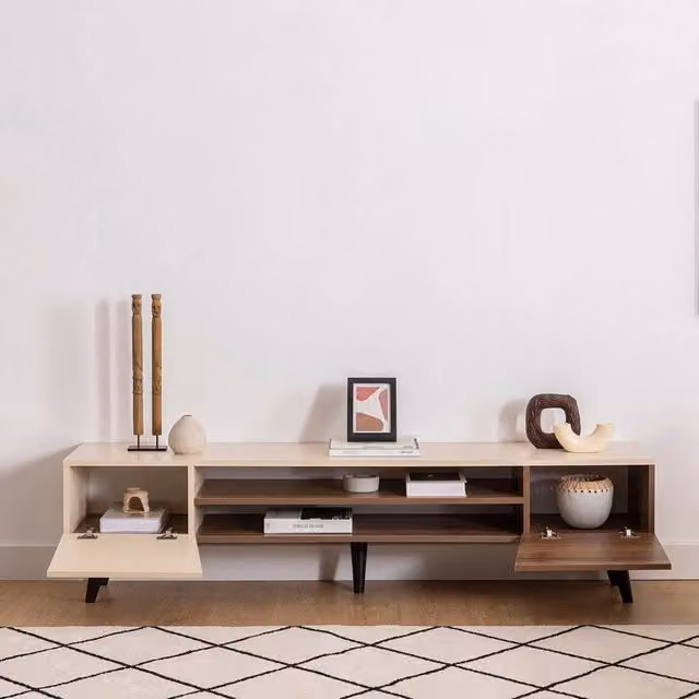 Mobile porta TV DMORA con un ripiano, stile moderno, colore beige e marrone, L 180 x P 37 x H 45 cm