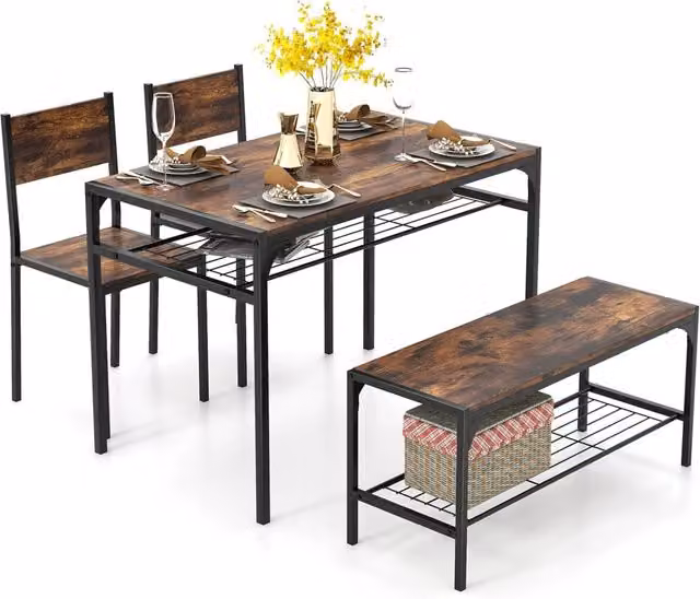 Set da Pranzo Industriale Costway con Tavolo Rettangolare, 2 Sedie e Panca, Telaio in Metallo e Ripiano in Legno, Marrone e Grigio
