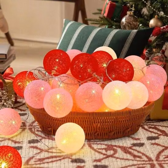 Ghirlanda luminosa con palline di cotone - 6 m con connettore USB - 40 palline di cotone a LED - Luci natalizie per la camera da letto - Decorazioni festive - Illuminazione per interni.
