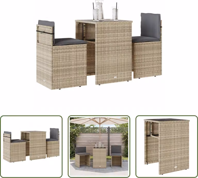 The Living Store Set bistrot 3 pezzi con cuscini in poly rattan grigio chiaro