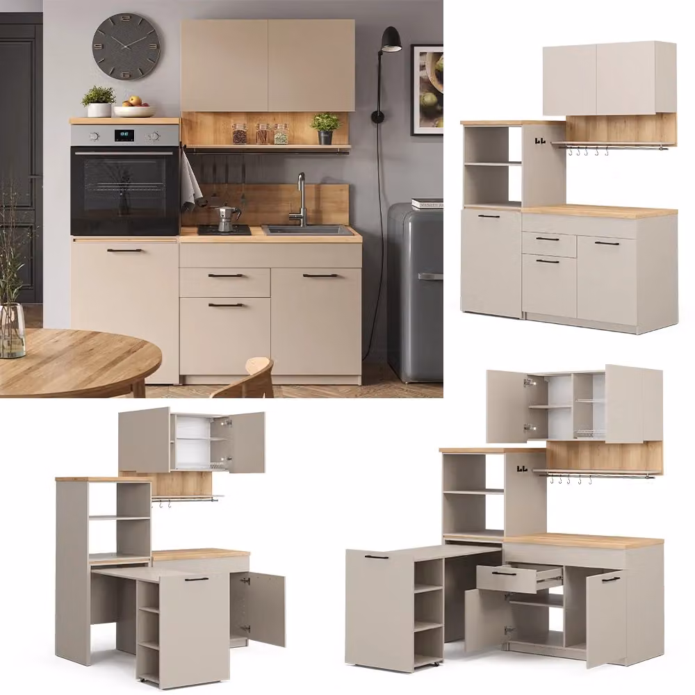 Cucina monoblocco Vicco Egbert Grigio e Rovere con tavolo allungabile e illuminazione LED integrata L: 160 cm, P: 60 cm, H: 81,6 cm – 2