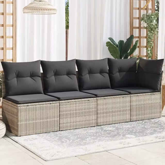 Divano da Giardino con Cuscini 4 Posti Grigio Chiaro Polyrattan 366177