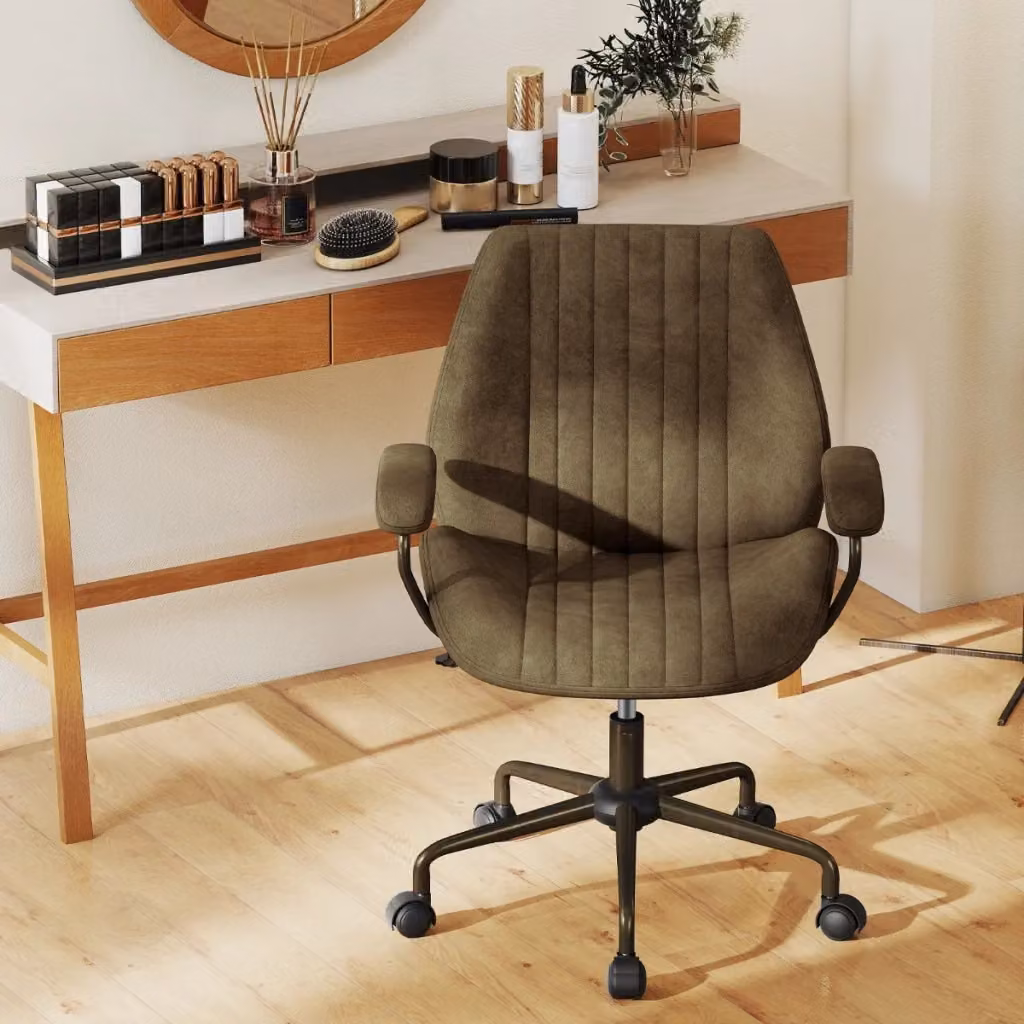 Sedia da ufficio girevole mid-century in microfibra verde con braccioli imbottiti e ruote – 2
