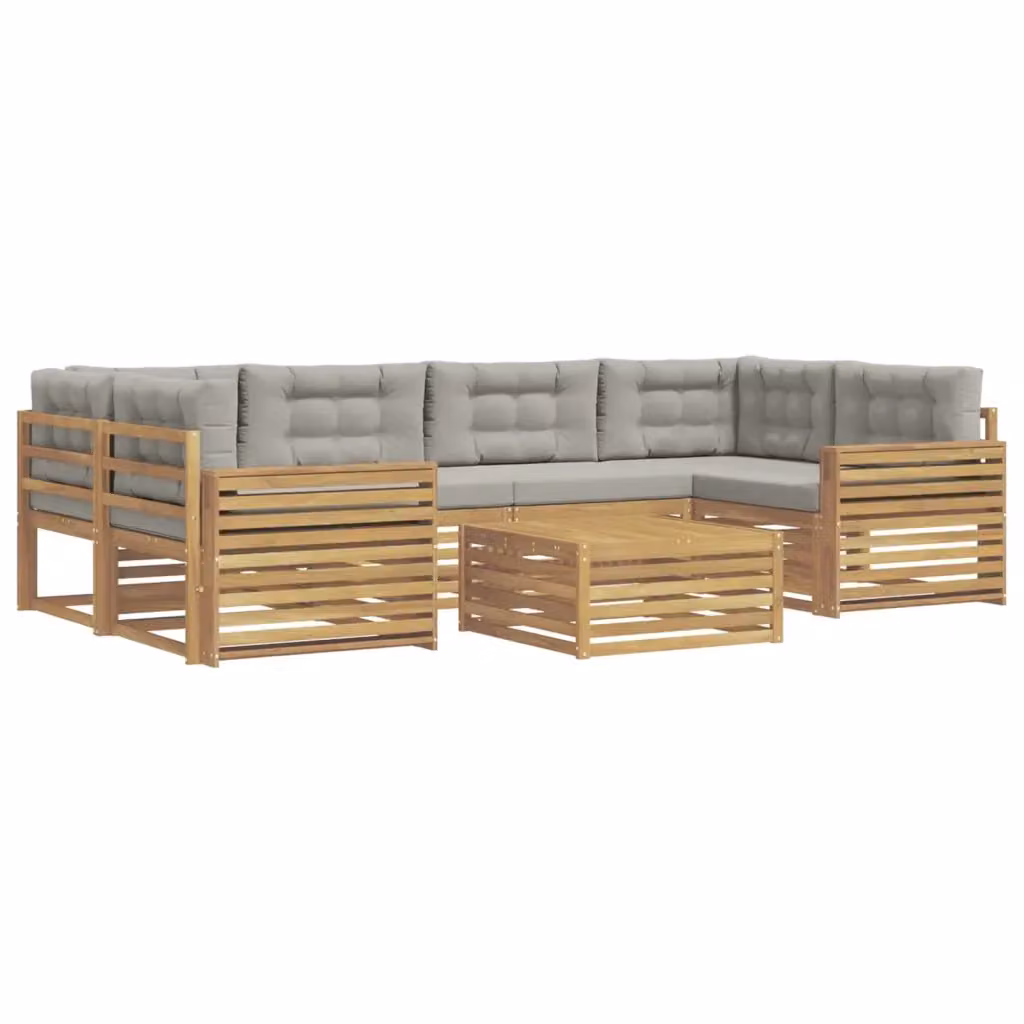 Set di divani da esterno vidaXL a forma di L composto da 7 pezzi con tavolino da caffè, in legno di acacia e tessuto bianco e grigio – 2
