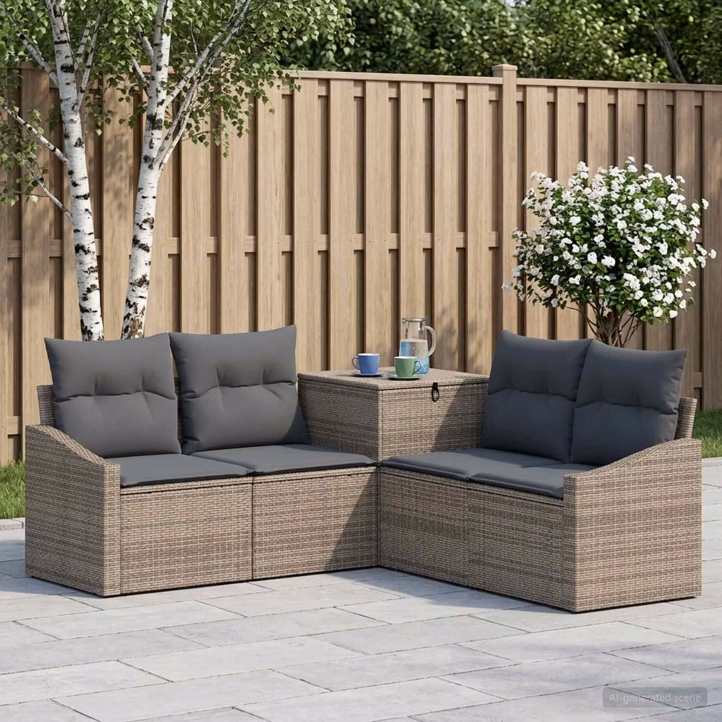 Set di divani da giardino a forma di L vidaXL in polyrattan con struttura in metallo e cuscini inclusi, Grigio e Antracite