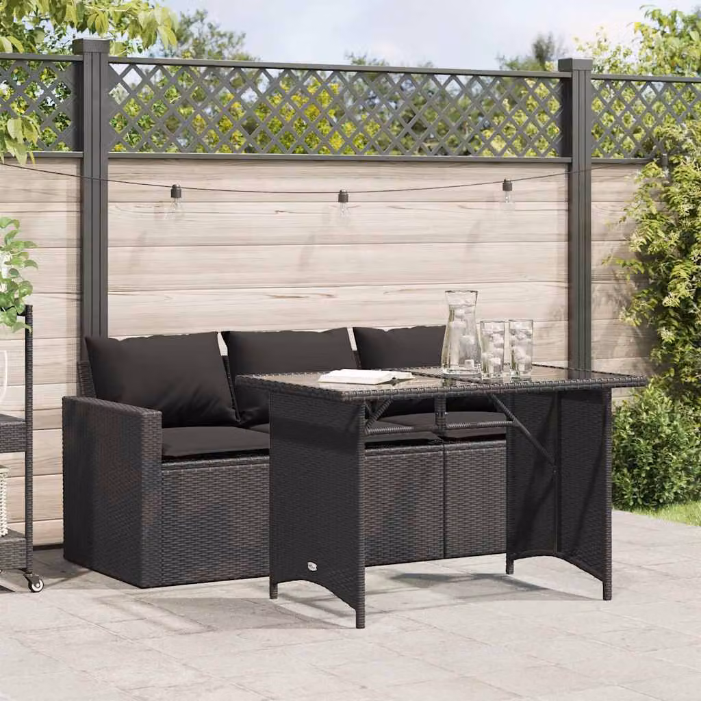 Set da pranzo da giardino vidaXL in polyrattan nero con cuscini e tavolo in vetro