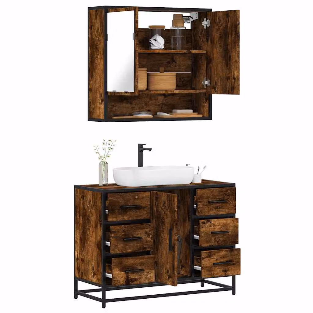 Set Mobili da Bagno Industrial vidaXL in Legno e Metallo Marrone, composto da Mobile Lavabo e Armadietto con Specchio