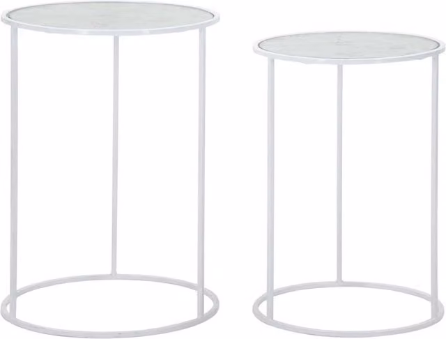 Coppia di tavolini rotondi Vikasa Home in metallo e vetro bianco con design minimalista, L/P/H: 43 x 43 x 60 cm e 38 x 38 x 55 cm