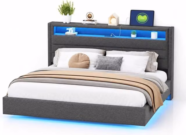 Letto matrimoniale imbottito 160x200 cm con LED multicolore; USB e testiera ribaltabile; grigio