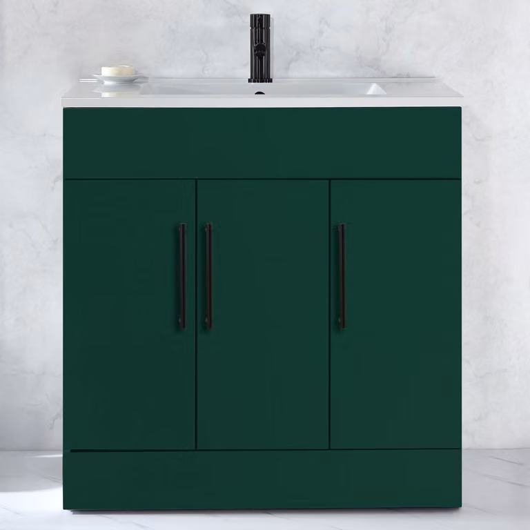 Mobile Bagno a Terra Verde Scuro da 810mm con Lavabo e Maniglie Nere con Barra a T - Cluo