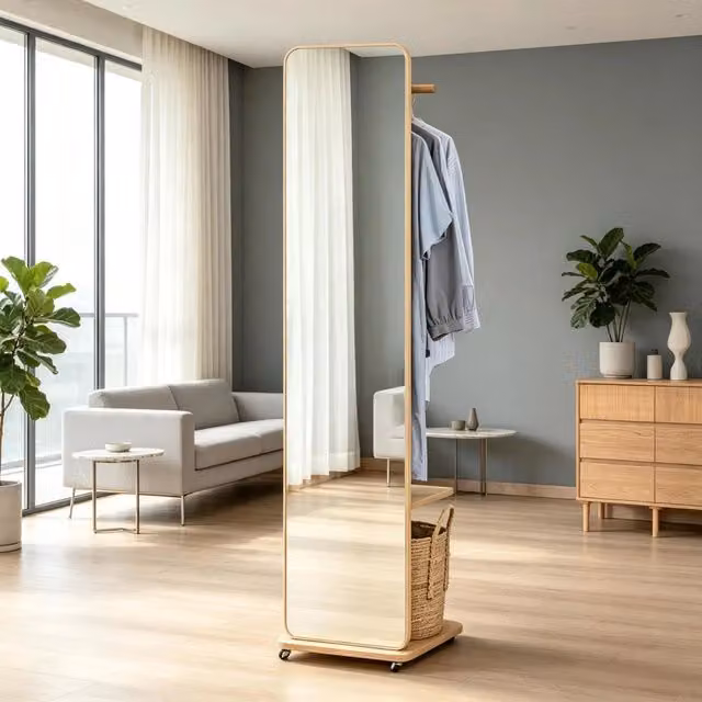 Specchio da terra REDOM con appendiabiti e ripiano in legno pino color beige L: 40 cm, P: 44,5 cm, H: 170 cm – 1