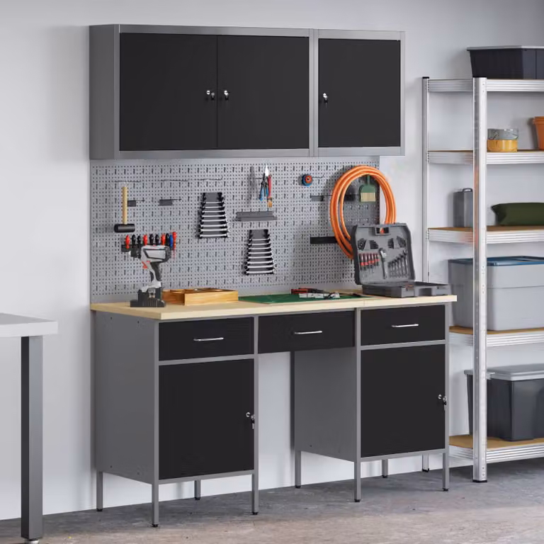 Carrello da lavoro mobile vidaXL 8 pezzi in nero con legno ingegnerizzato e acciaio