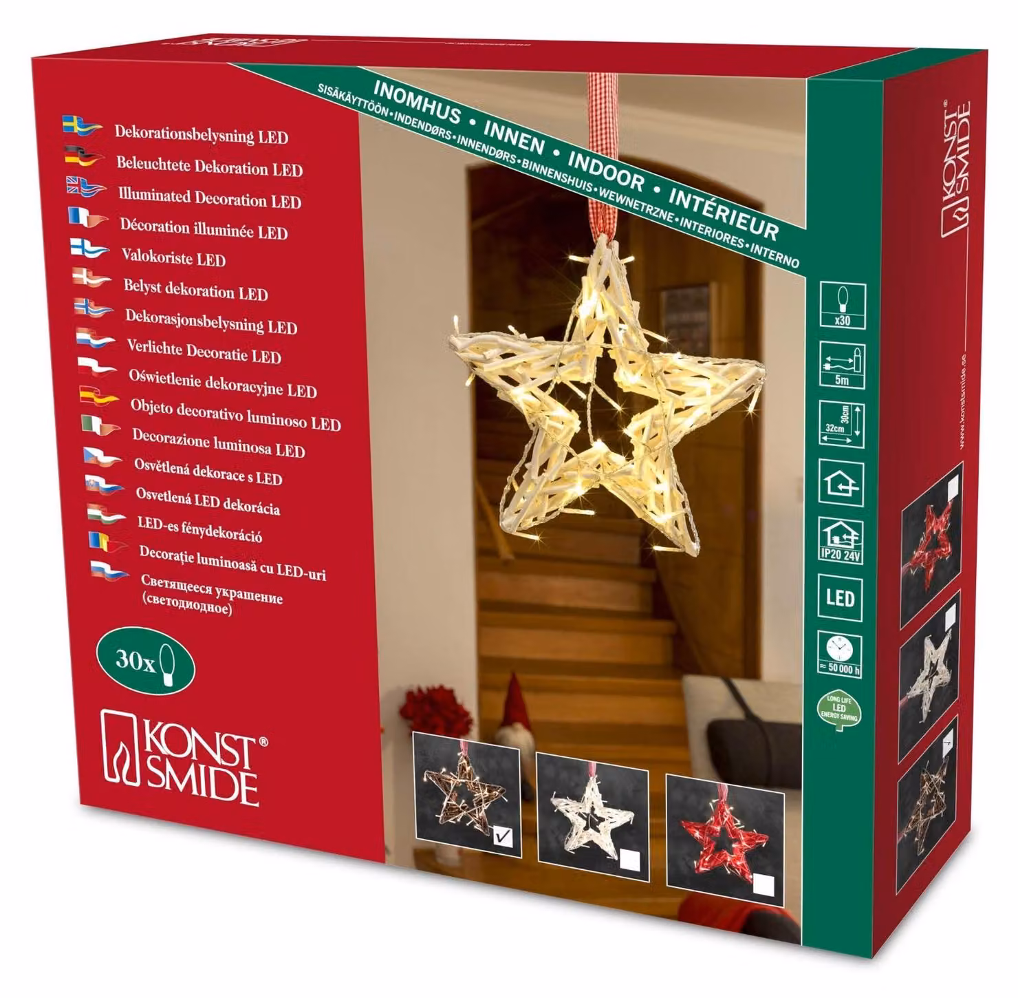 Stella a forma di silhouette in legno, con luci LED, 30 diodi a luce bianca calda, 24V, colore marrone