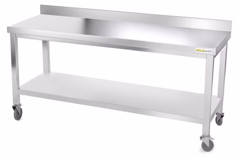 Tavolo da lavoro in acciaio inossidabile, dimensioni 1800 x 600 mm, montato su rotelle di alta qualità - GOLDINOX