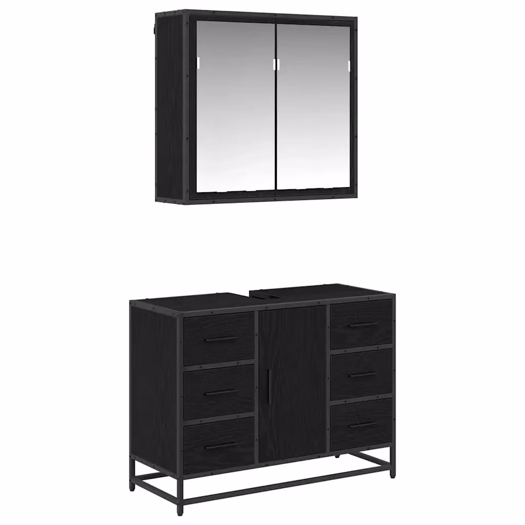 Set di mobili per il bagno vidaXL composto da mobile lavabo e armadietto con specchio in rovere nero, L 80 x P 33 x H 60 cm – 2