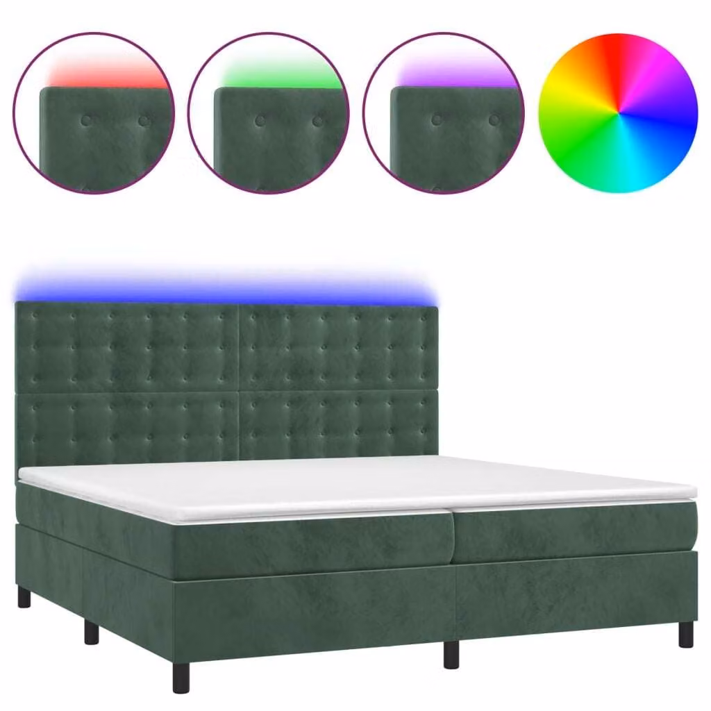 Letto a Molle con Materasso e LED Verde Scuro 200x200cm Velluto