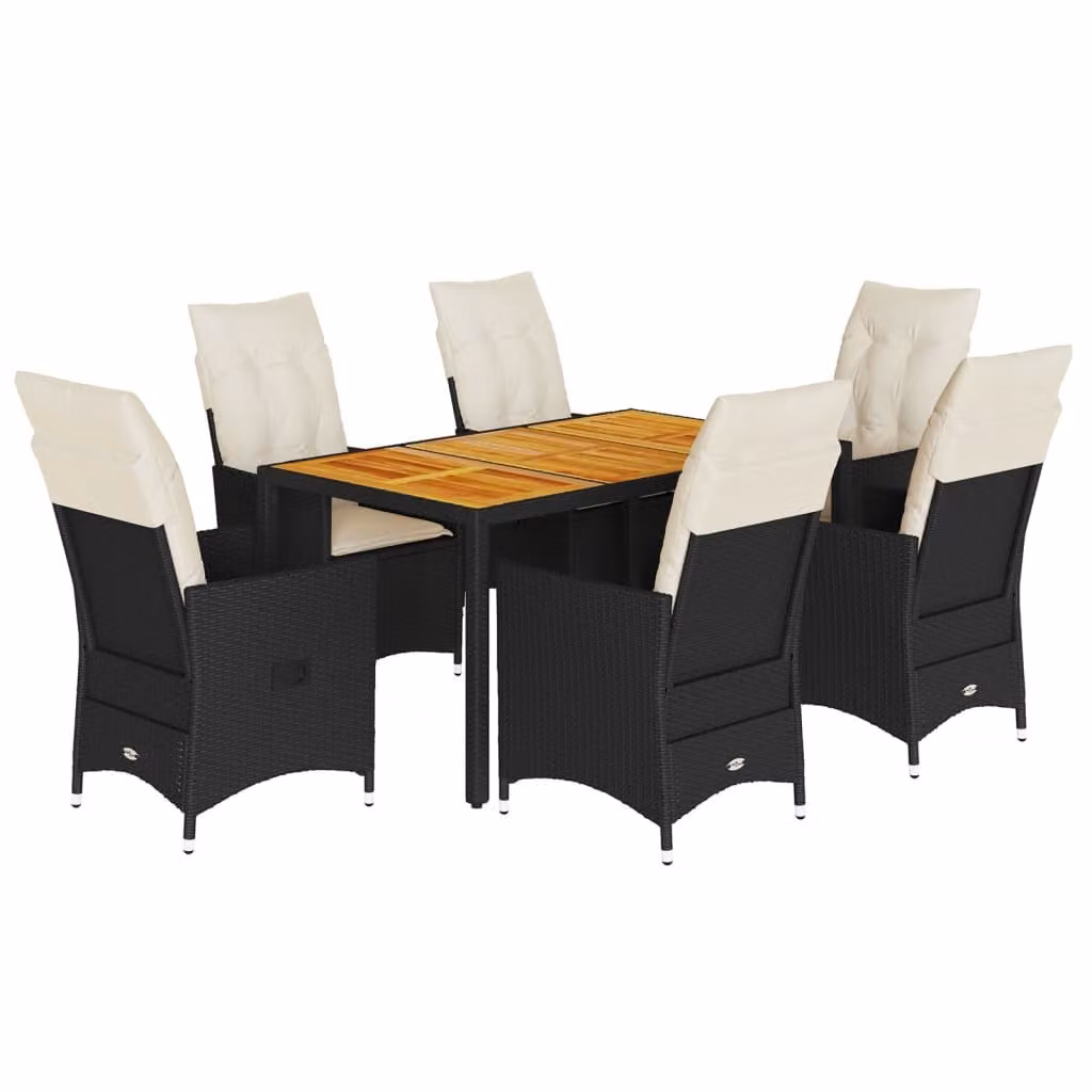 Set da Pranzo da Giardino 7 pz Nero con Cuscini in Polyrattan