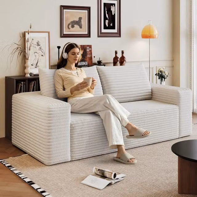 Divano 2 posti in velluto crema ¨C Minimal ¨C 180cm, imbottito, senza montaggio