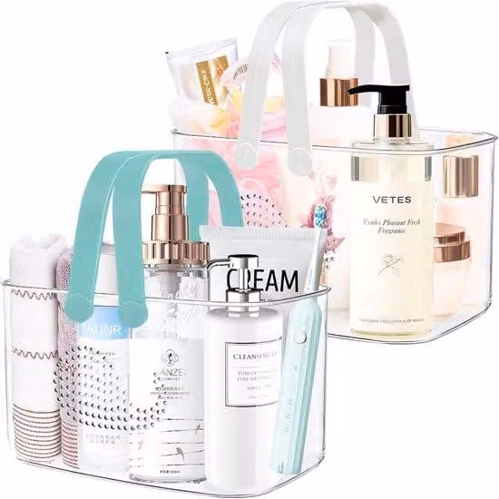 2 confezioni di cestini portadetergente da doccia in plastica, portatutto da doccia portatile con maniglie, contenitore organizzativo trasparente per prodotti per la pulizia, ideale per bagno, cucina, dormitorio universitario (bianco + ciano)