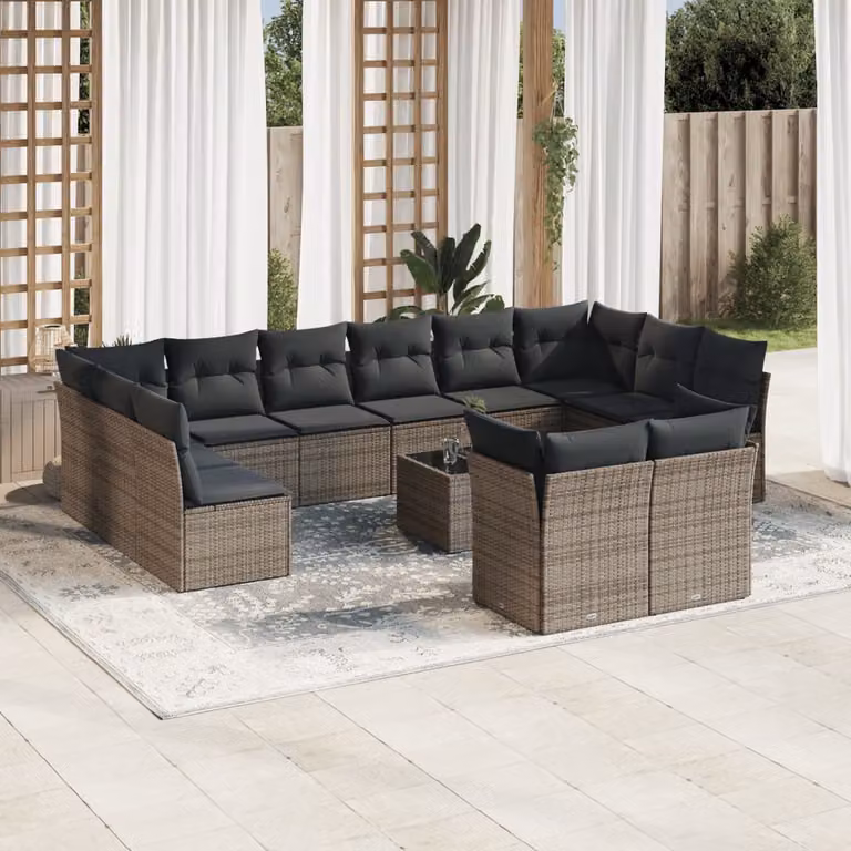 vidaXL Set Divani da Giardino 13 pz in Polyrattan Grigio con Cuscini e Tavolino da Esterno