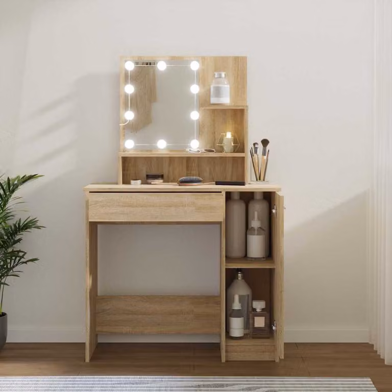 vidaXL Toeletta con LED in Rovere Sonoma, Colore Marrone, L/P/H: 86,5 x 35 x 136 cm