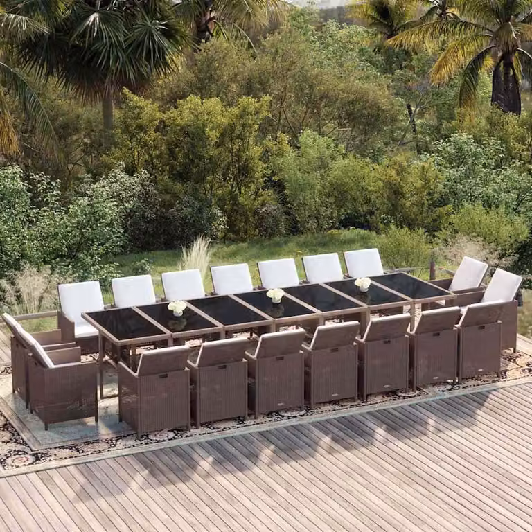 vidaXL Set da Pranzo per Giardino da 19 Pezzi in Polyrattan Marrone con Cuscini e Tavolo in Vetro