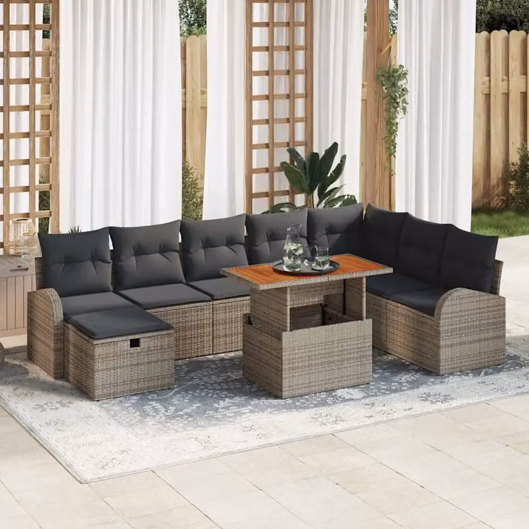 Set Divano da Giardino vidaXL 9 Pezzi in Polyrattan Grigio con Cuscini e Tavolino