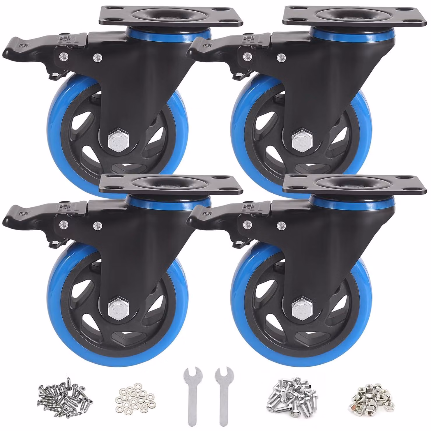 Rotelle pesanti da 100 mm, colore blu, set da 4, con sistema di bloccaggio a 360°, adatte per banchi da lavoro e carrelli portattrezzi