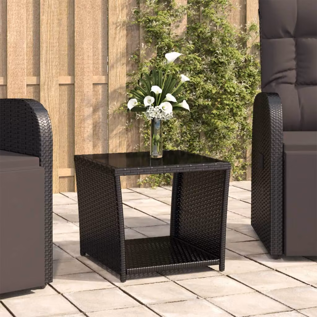 vidaXL Tavolino da giardino quadrato in polyrattan e vetro temperato nero L: 45 cm, P: 45 cm, H: 40 cm