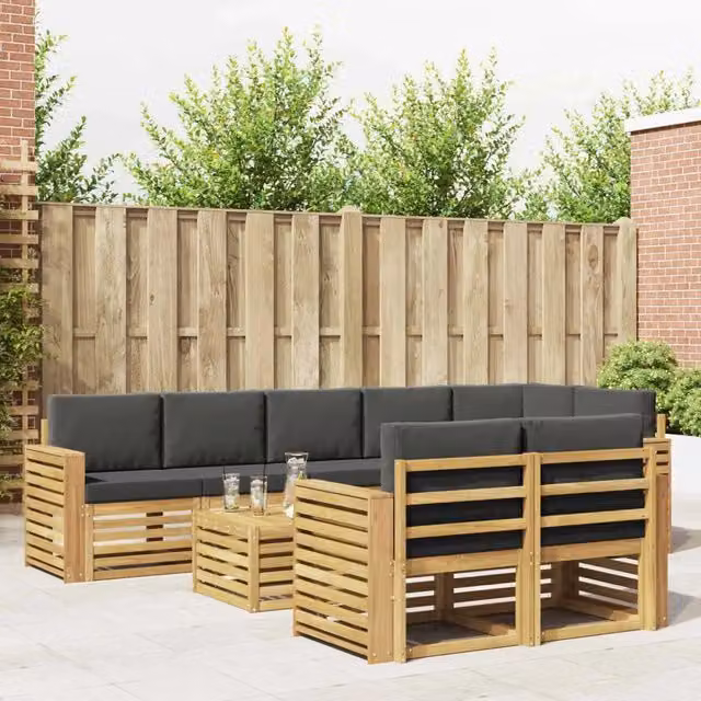 Set di divani da esterno a L vidaXL in legno di acacia con tavolo da caffè, 9 pezzi, Bianco, Antracite e Marrone – 1