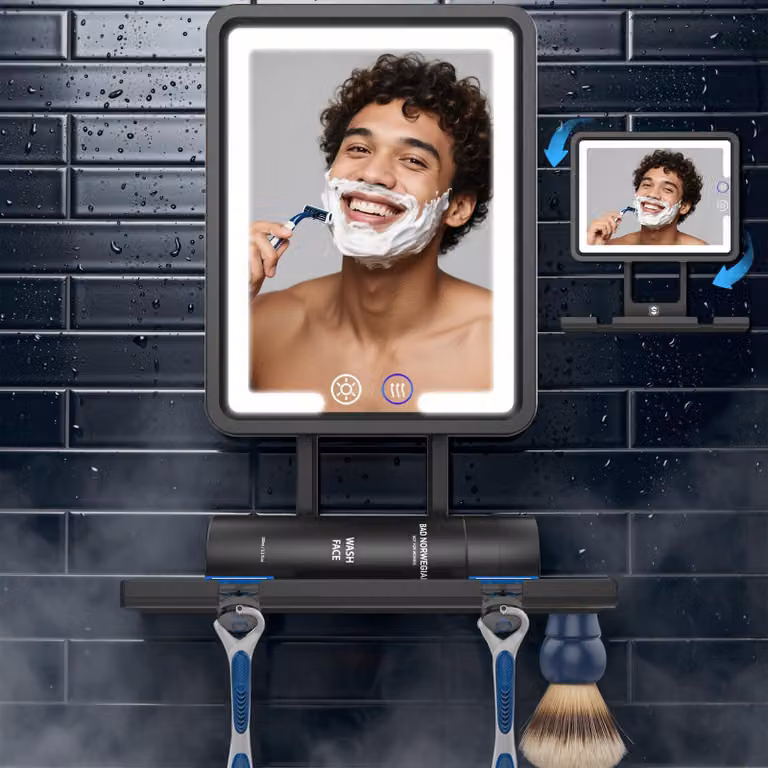 Specchio da bagno antiappannante con illuminazione, orientabile a 360°, colore nero