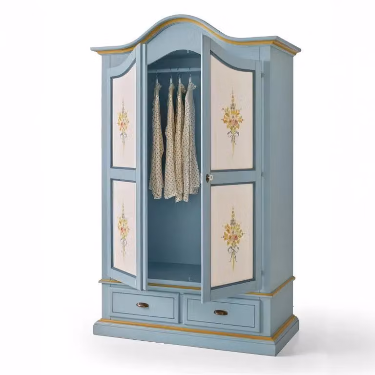 Armadio classico in legno di pino bicolore azzurro e bianco con decori floreali Mobili 2G L/P/H: 122 x 60 x 200 cm
