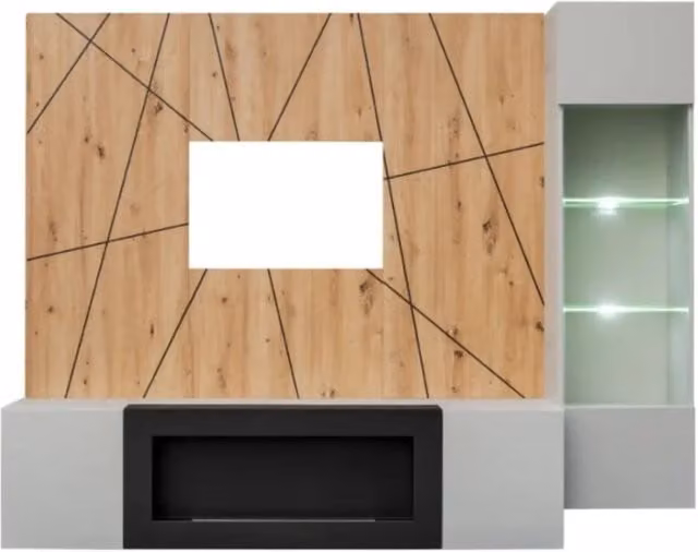Composizione murale IXAR geometrica – Mobile TV, vetrina sospesa, pannelli murali e camino a bio-etanolo